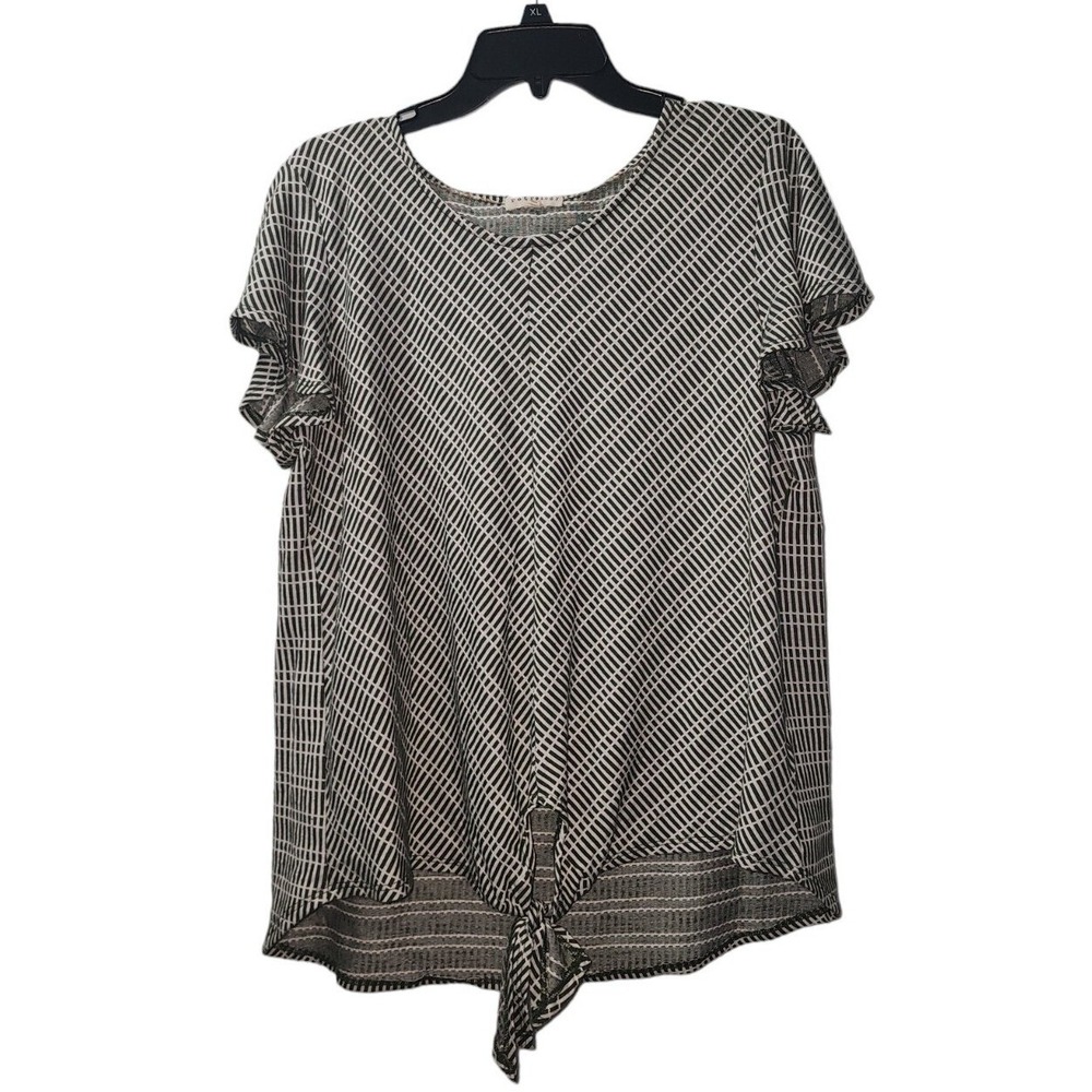 Retrology Tie-Front Top Ruffle Sleeve Blouse Casual Black White XL